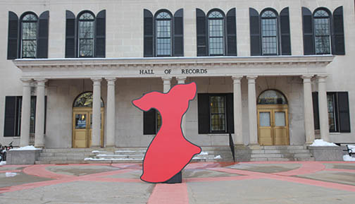 A red dress stands ten feet tall in front of the Hall of Records in Freehold as a reminder to residents to Go Red for Heart Health Month. The red dress is the American Heart Association’s symbol of the battle against heart disease in women.
